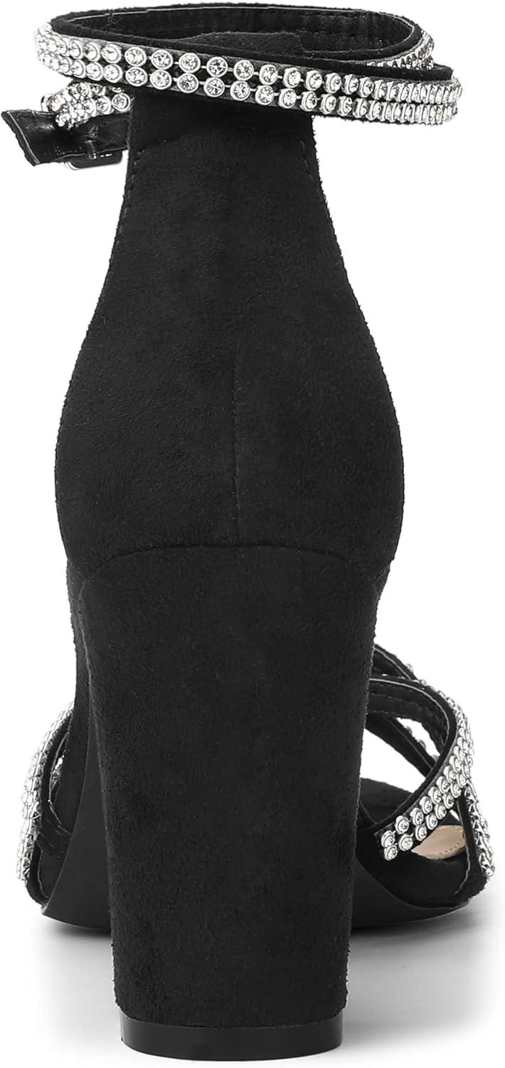 imageAllegra K Womens Rhinestones Strappy Chunky Heel SandalsBlack