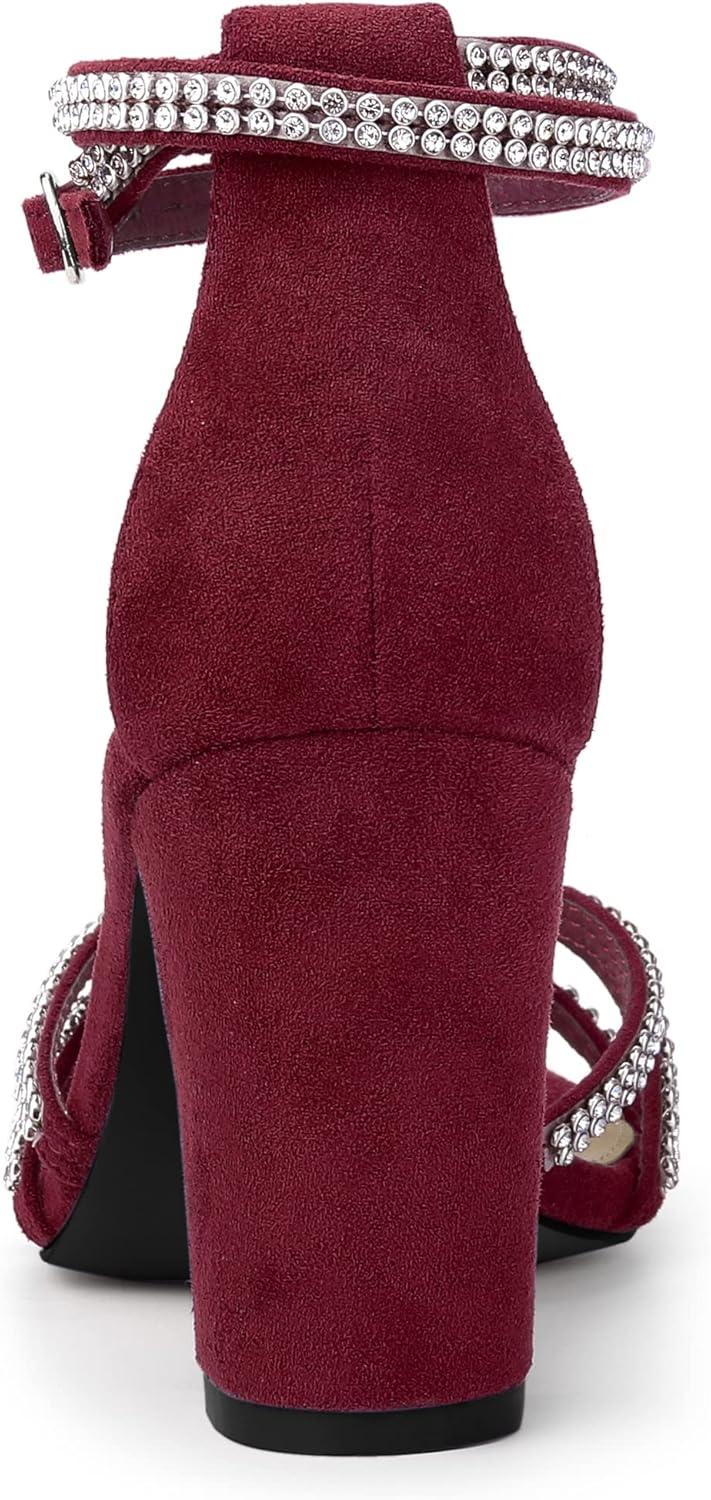 imageAllegra K Womens Rhinestones Strappy Chunky Heel SandalsBurgundy