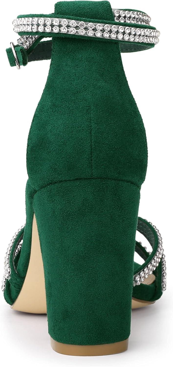 imageAllegra K Womens Rhinestones Strappy Chunky Heel SandalsDark Green