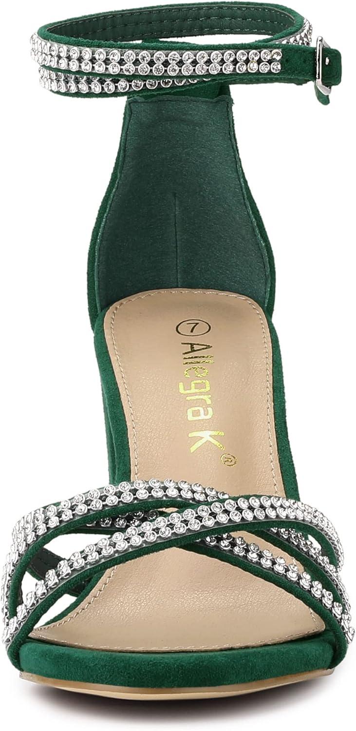 imageAllegra K Womens Rhinestones Strappy Chunky Heel SandalsDark Green