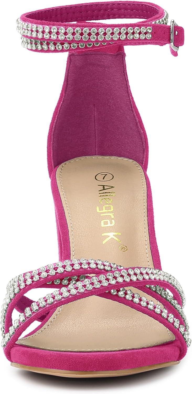 imageAllegra K Womens Rhinestones Strappy Chunky Heel SandalsHot Pink