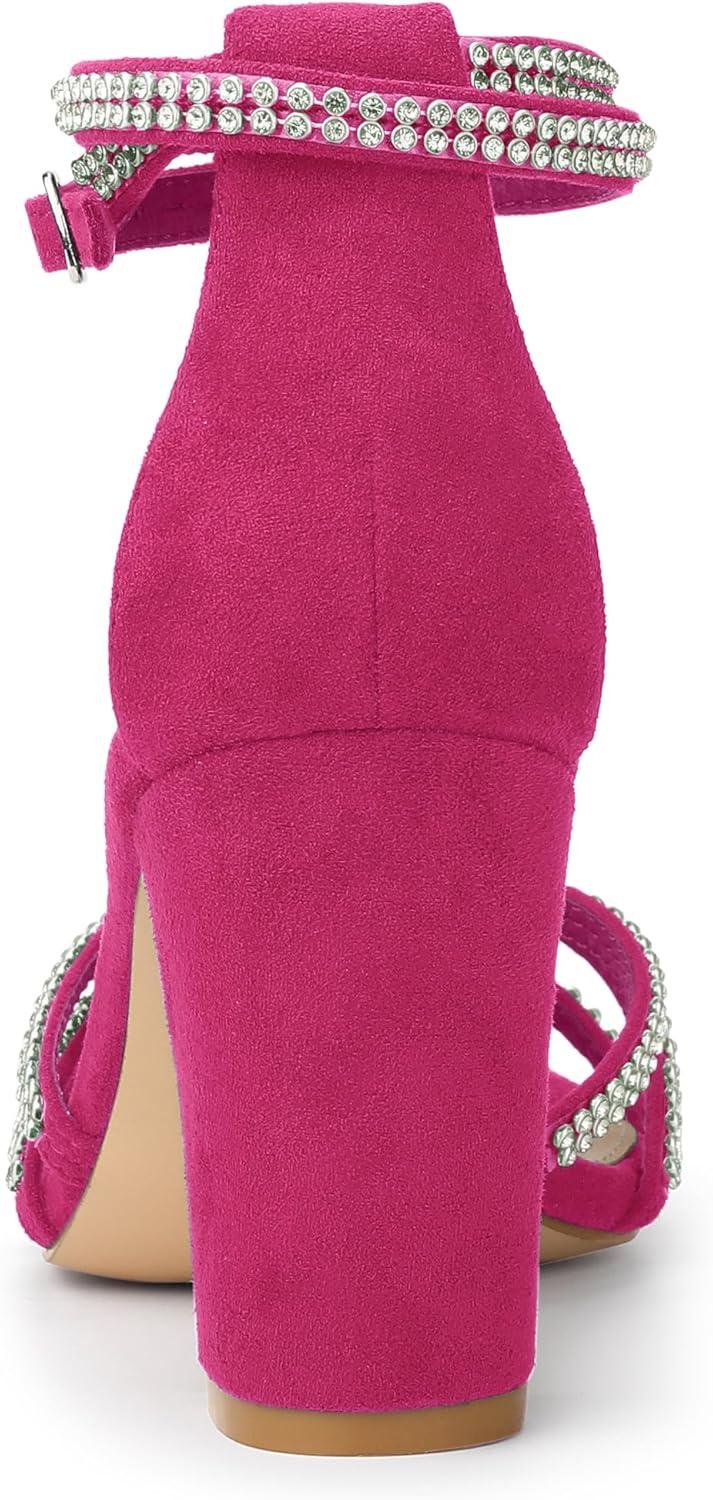 imageAllegra K Womens Rhinestones Strappy Chunky Heel SandalsHot Pink