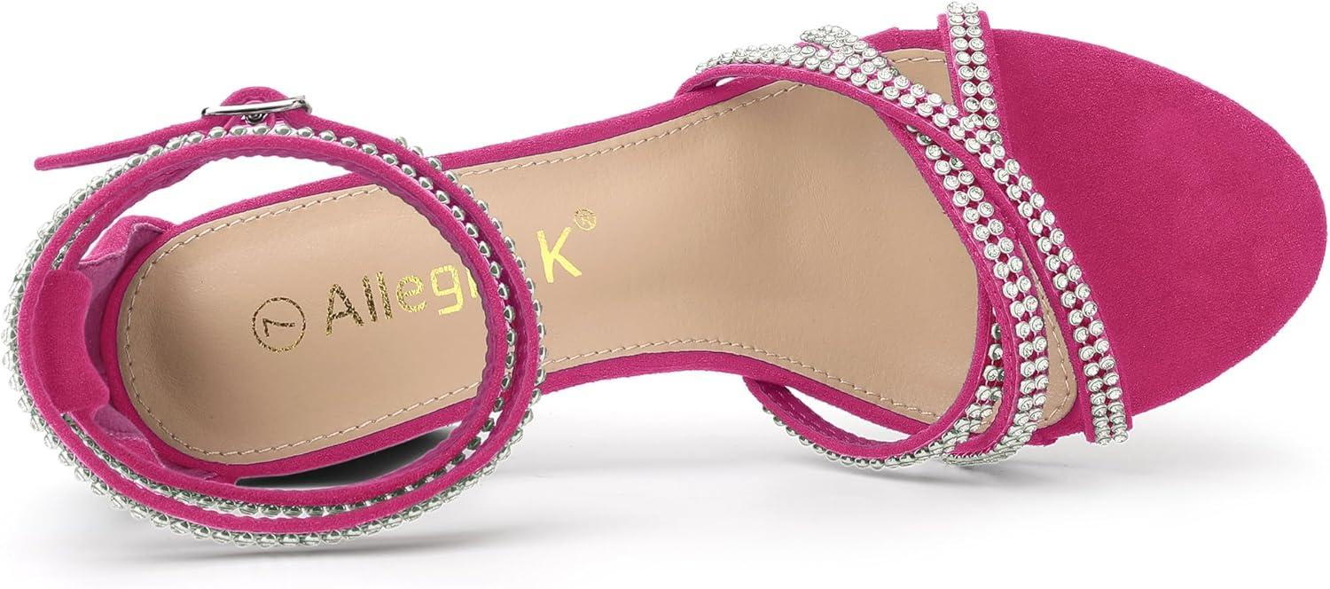 imageAllegra K Womens Rhinestones Strappy Chunky Heel SandalsHot Pink