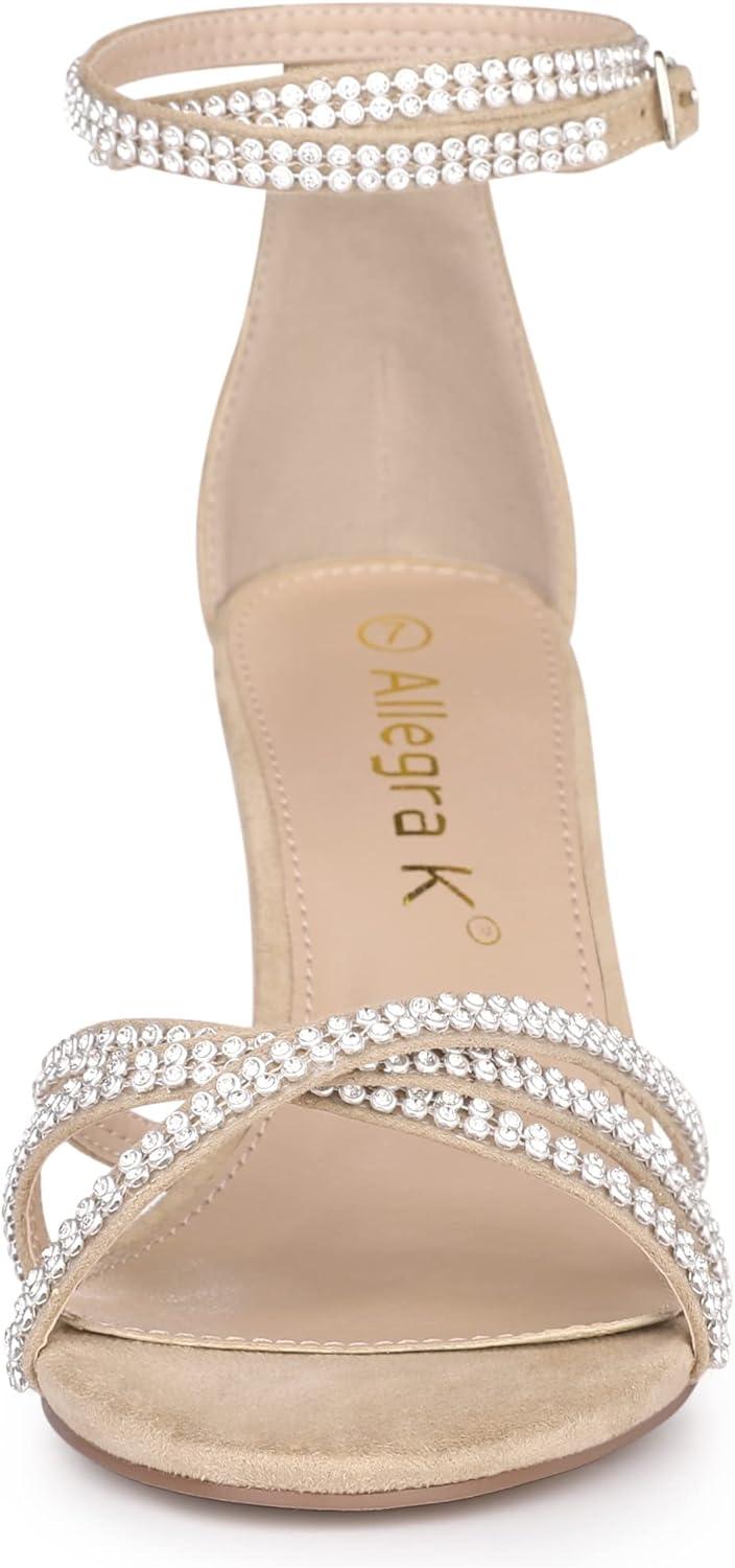 imageAllegra K Womens Rhinestones Strappy Chunky Heel SandalsKhaki
