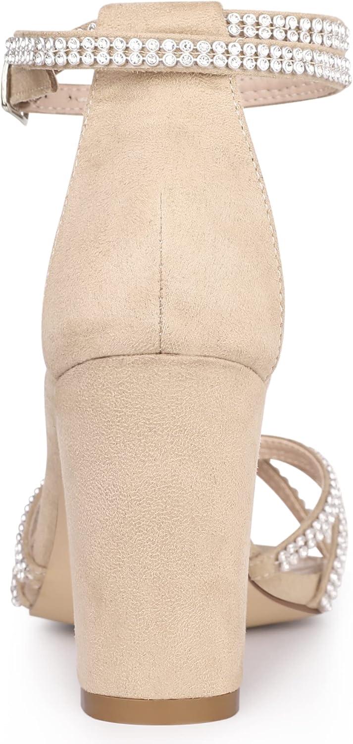 imageAllegra K Womens Rhinestones Strappy Chunky Heel SandalsKhaki