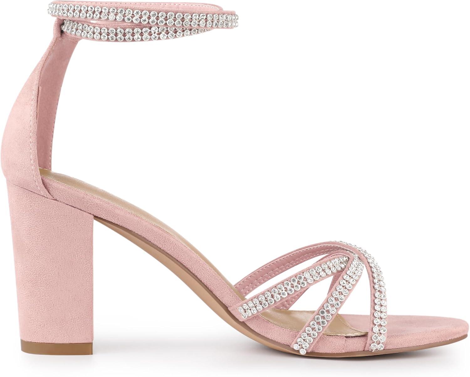 imageAllegra K Womens Rhinestones Strappy Chunky Heel SandalsPink