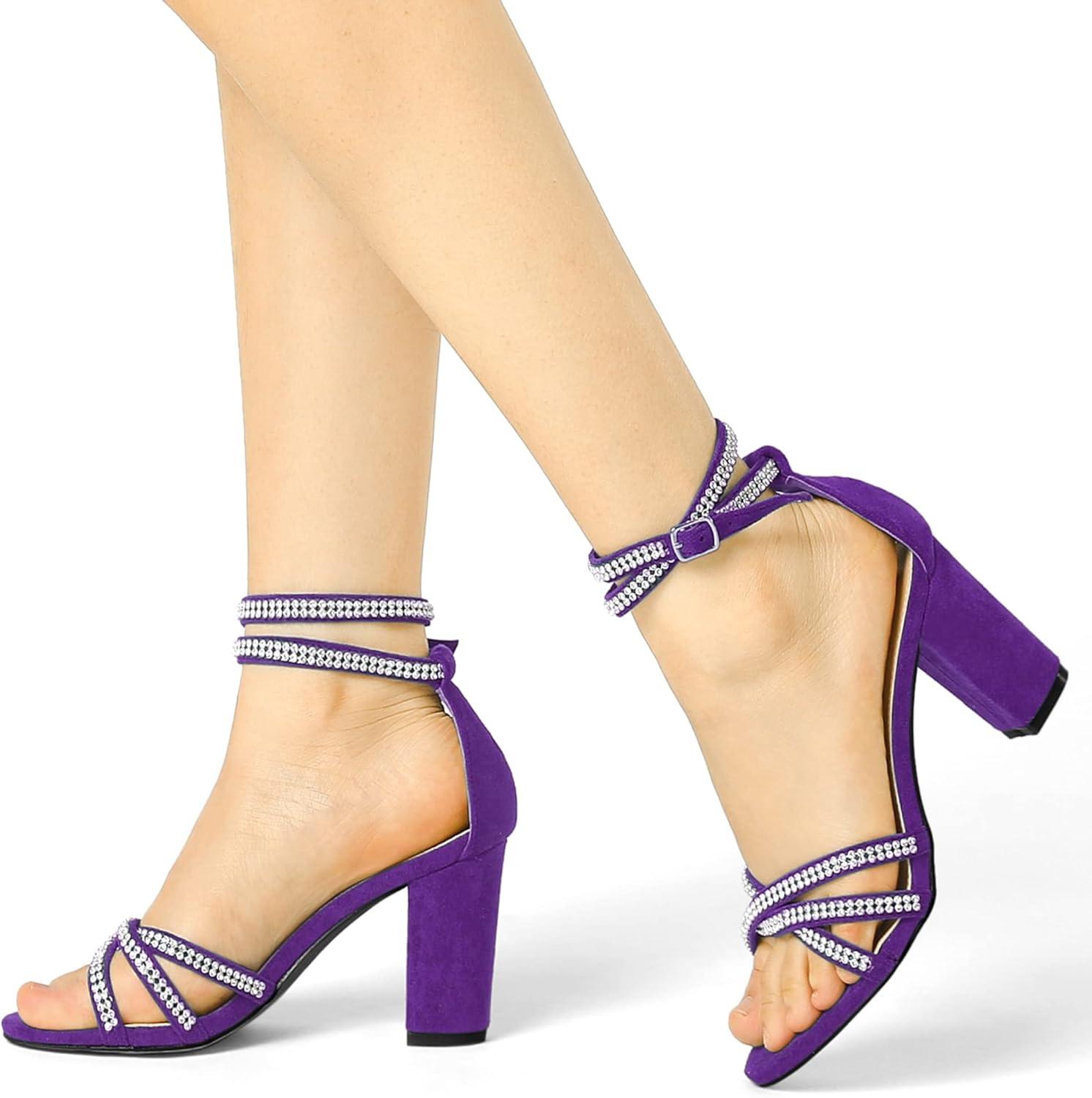 imageAllegra K Womens Rhinestones Strappy Chunky Heel SandalsPurple
