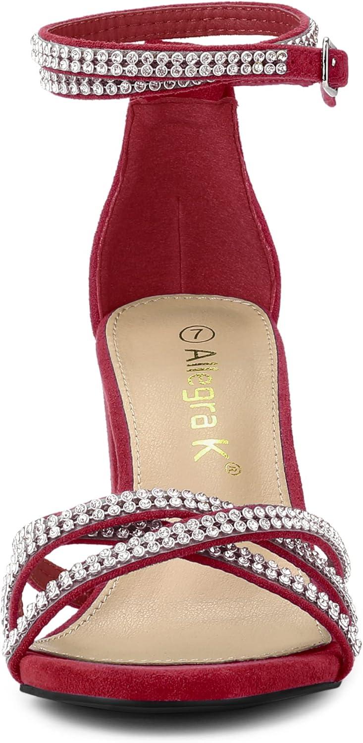 imageAllegra K Womens Rhinestones Strappy Chunky Heel SandalsRed