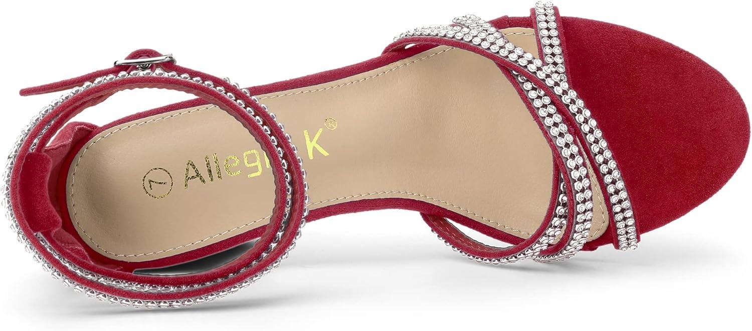 imageAllegra K Womens Rhinestones Strappy Chunky Heel SandalsRed