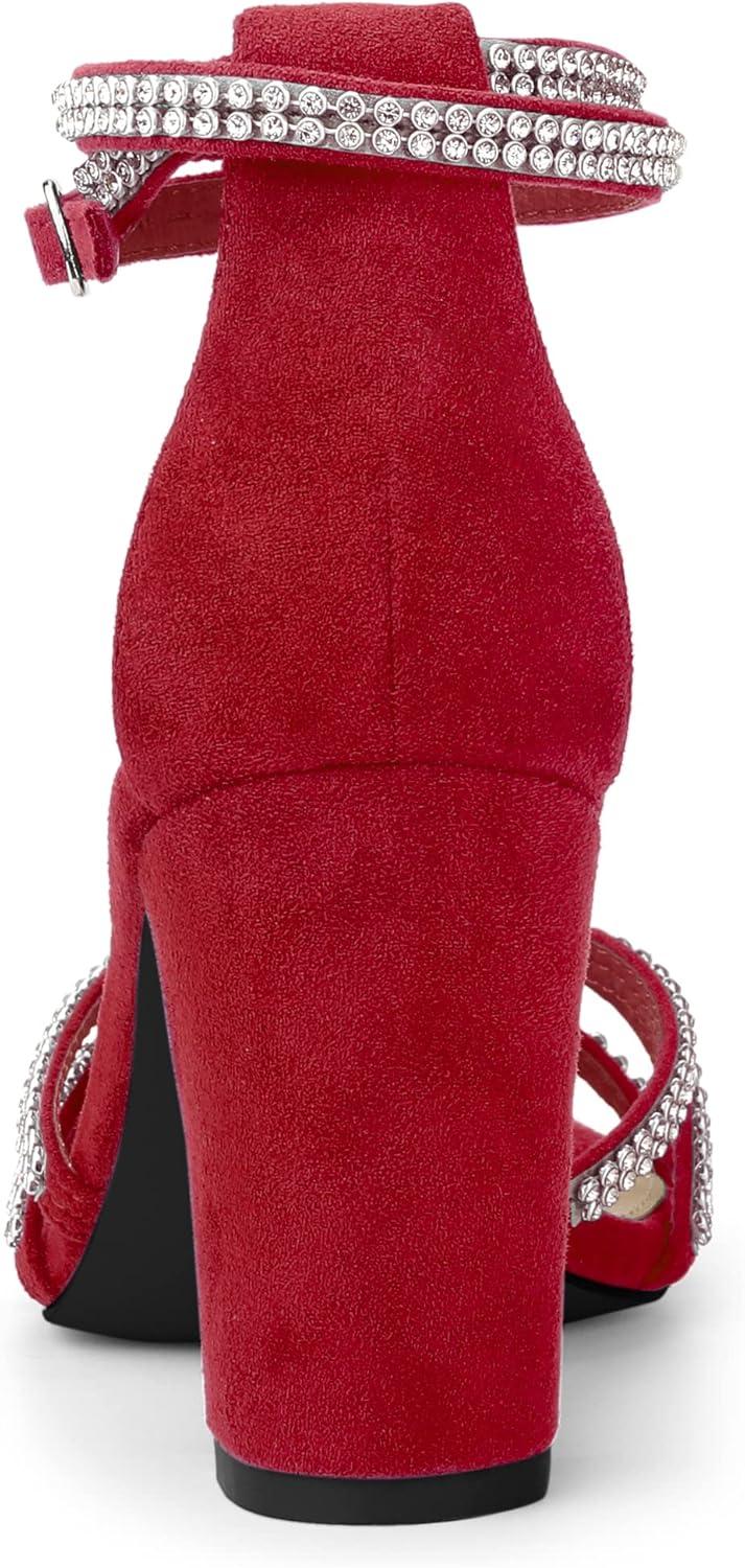 imageAllegra K Womens Rhinestones Strappy Chunky Heel SandalsRed