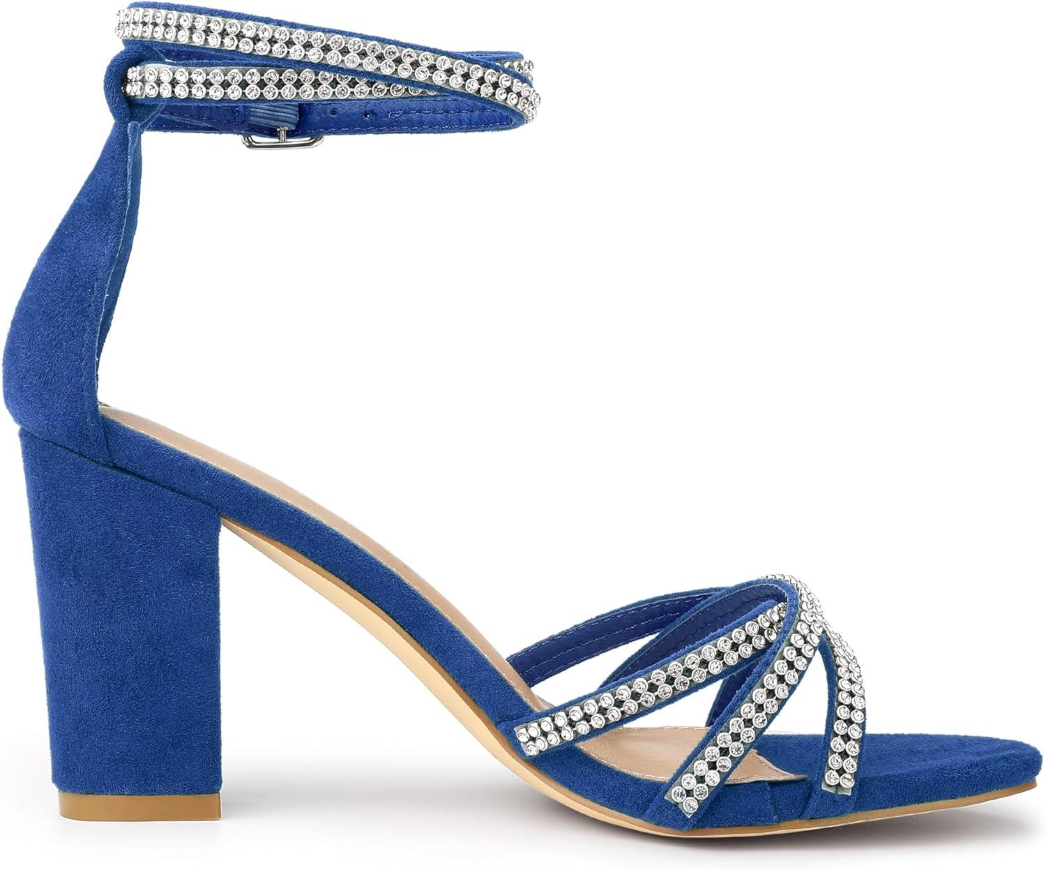 imageAllegra K Womens Rhinestones Strappy Chunky Heel SandalsRoyal Blue