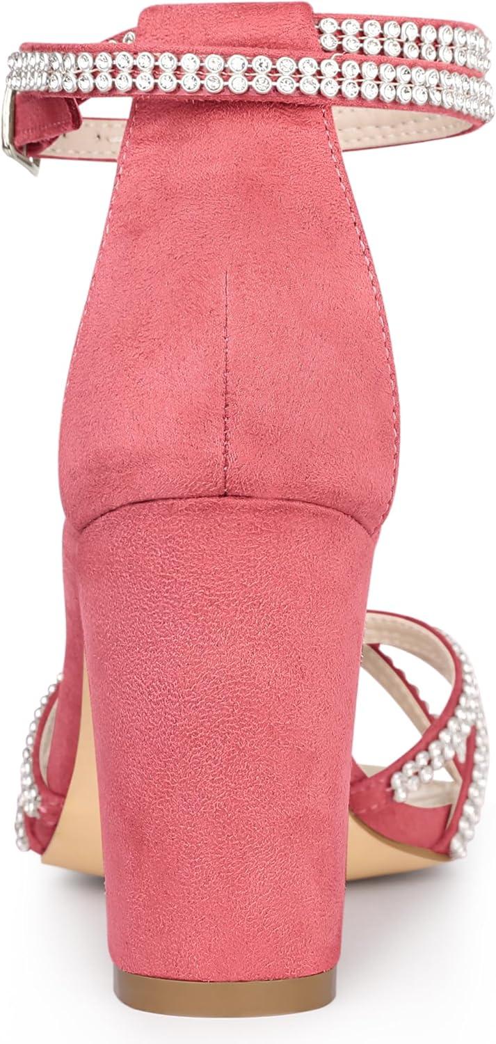 imageAllegra K Womens Rhinestones Strappy Chunky Heel SandalsWatermelon Red