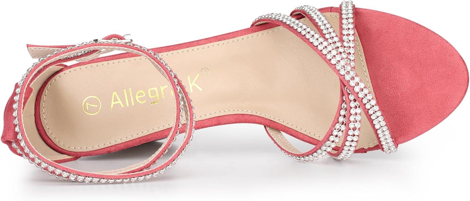 imageAllegra K Womens Rhinestones Strappy Chunky Heel SandalsWatermelon Red