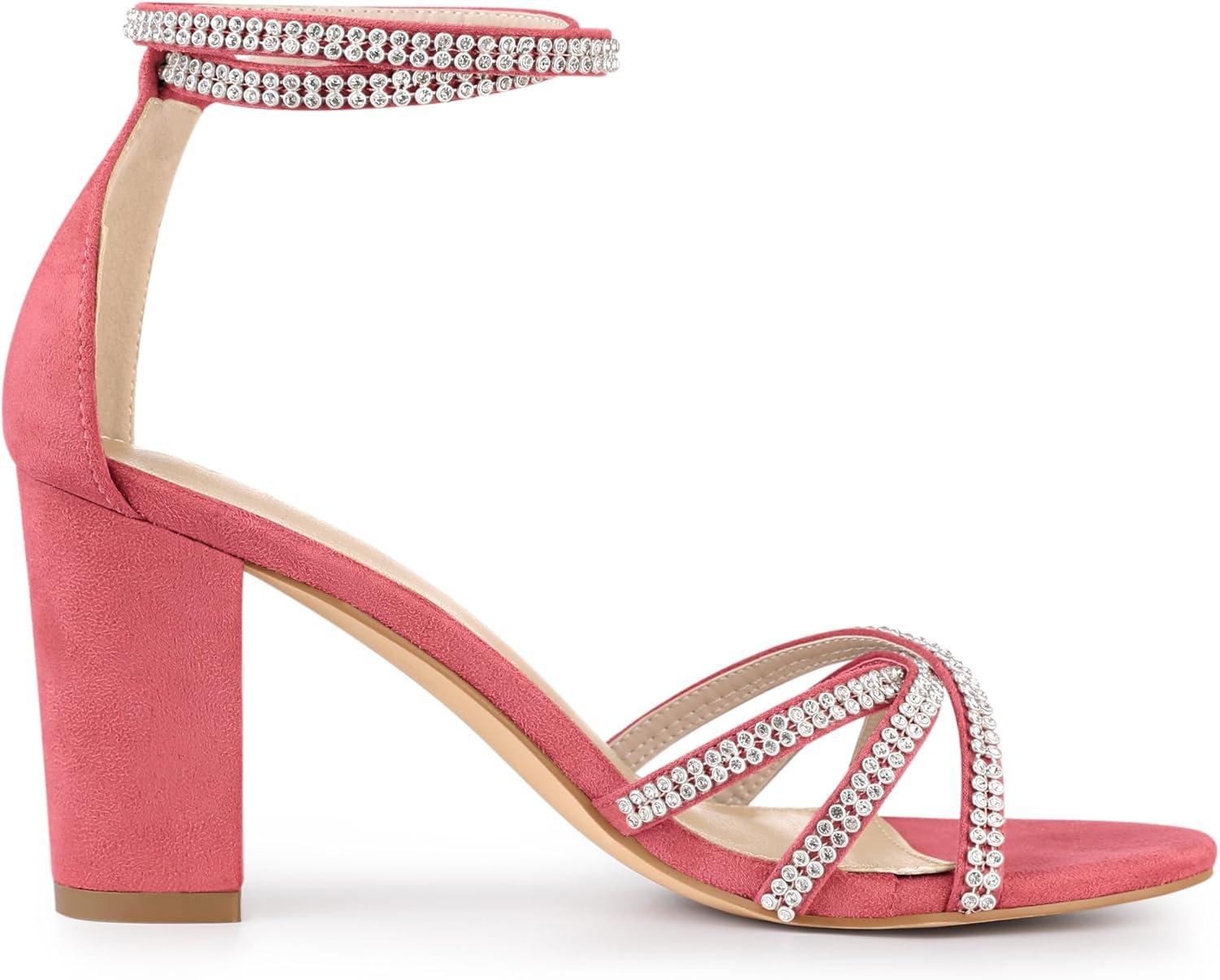 imageAllegra K Womens Rhinestones Strappy Chunky Heel SandalsWatermelon Red