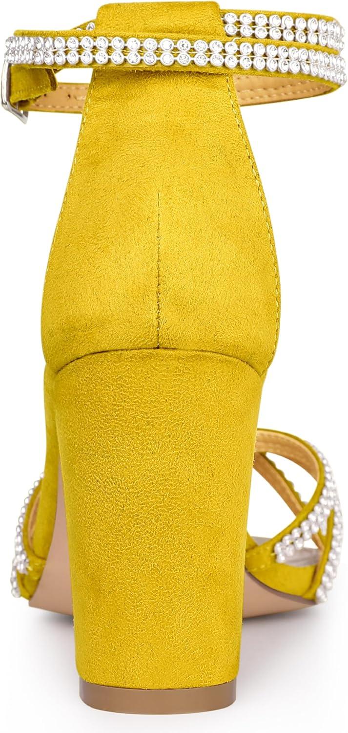 imageAllegra K Womens Rhinestones Strappy Chunky Heel SandalsYellow