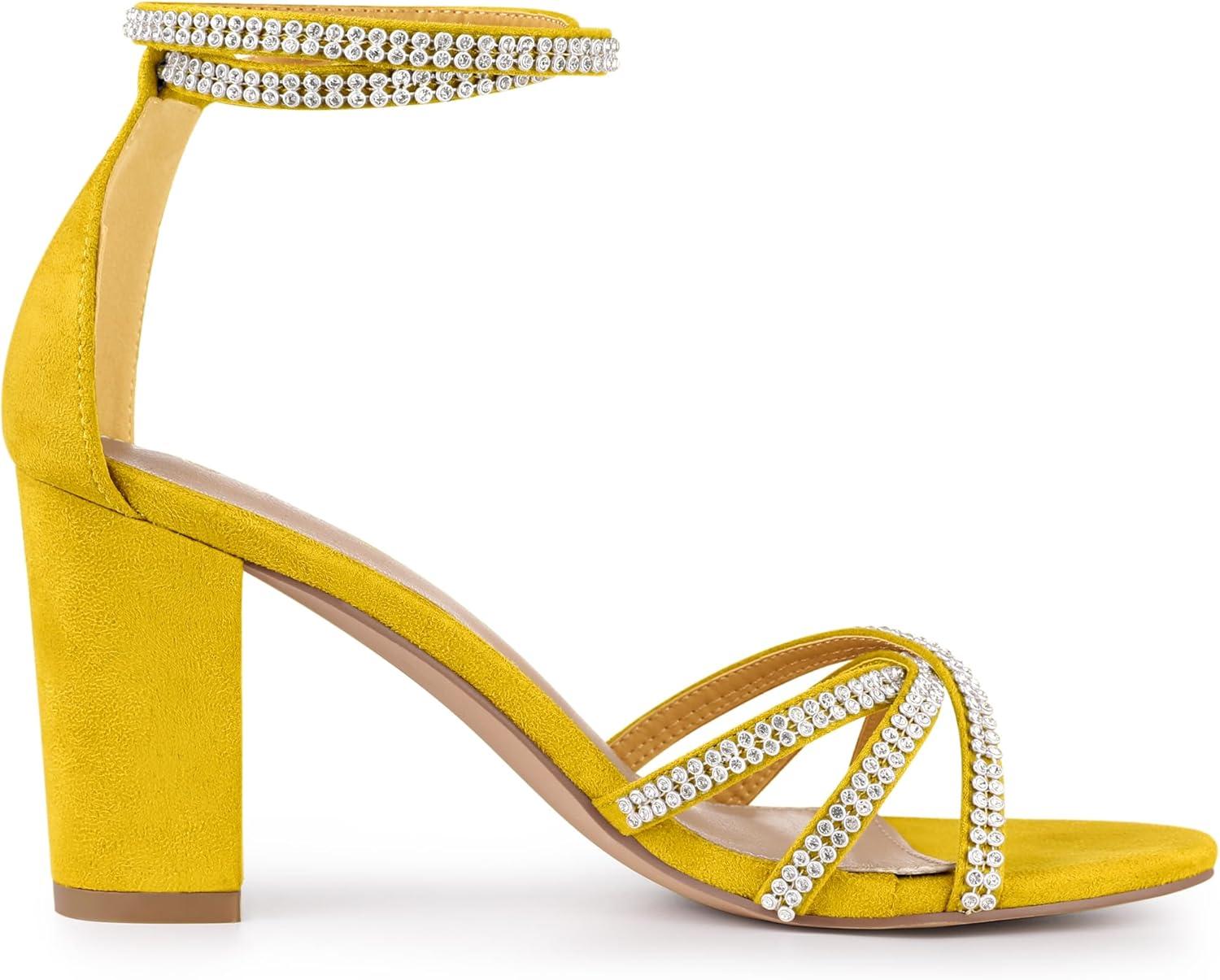imageAllegra K Womens Rhinestones Strappy Chunky Heel SandalsYellow