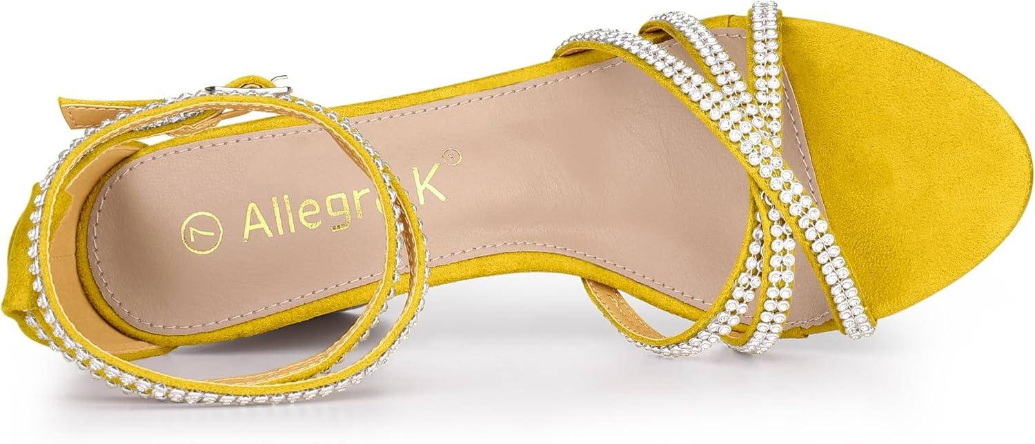 imageAllegra K Womens Rhinestones Strappy Chunky Heel SandalsYellow