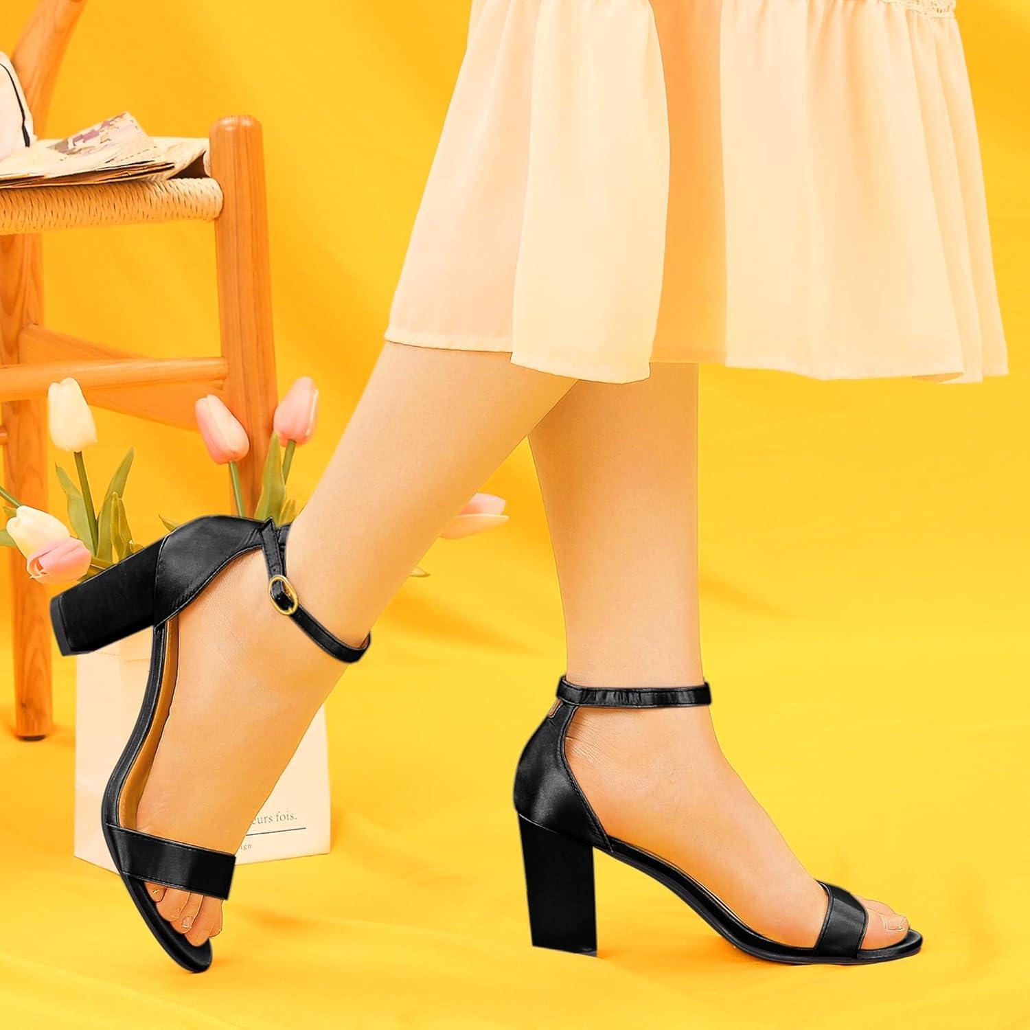 imageAllegra K Womens Satin Open Toe Ankle Strap Chunky Heels SandalsBlack