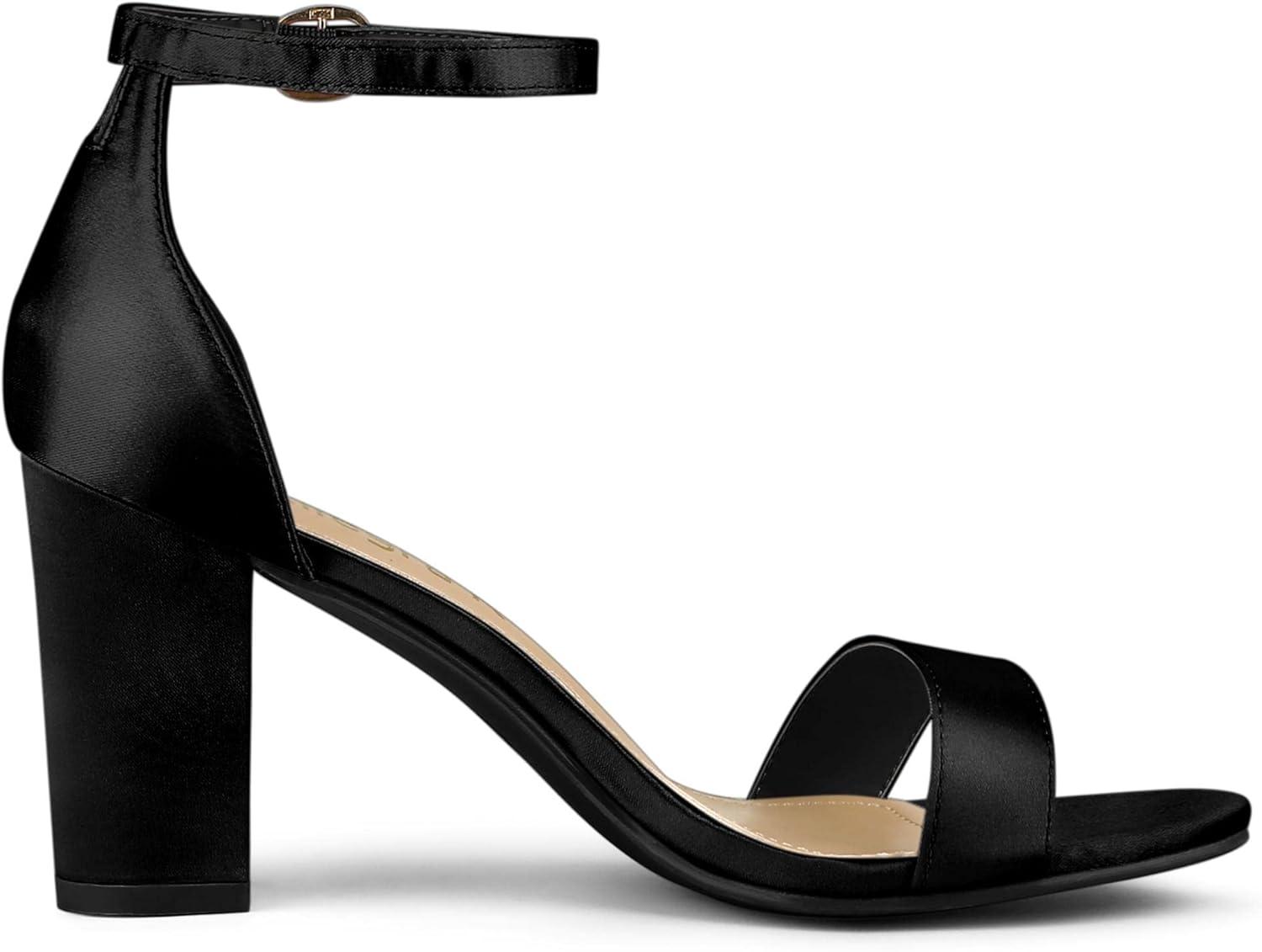 imageAllegra K Womens Satin Open Toe Ankle Strap Chunky Heels SandalsBlack