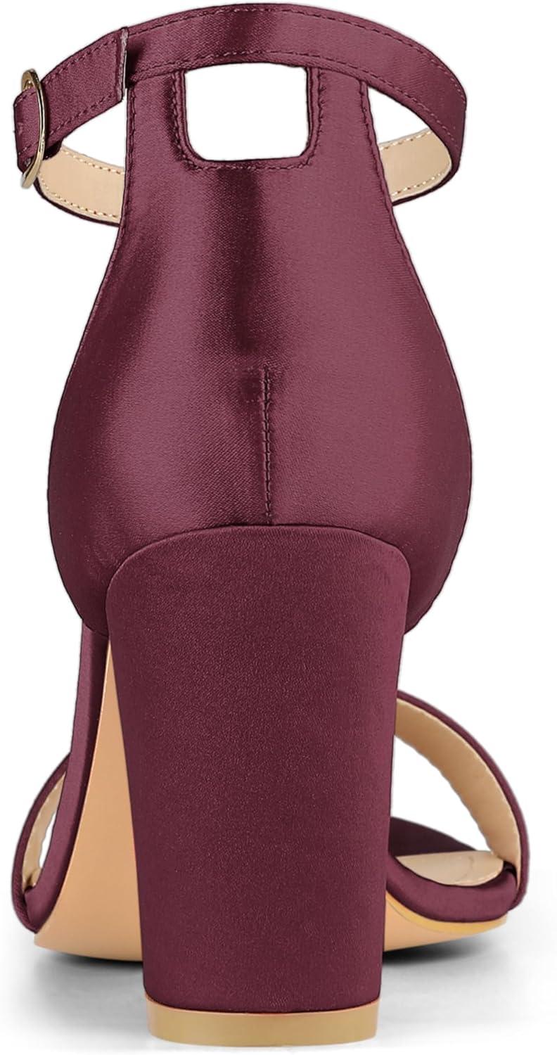 imageAllegra K Womens Satin Open Toe Ankle Strap Chunky Heels SandalsBurgundy