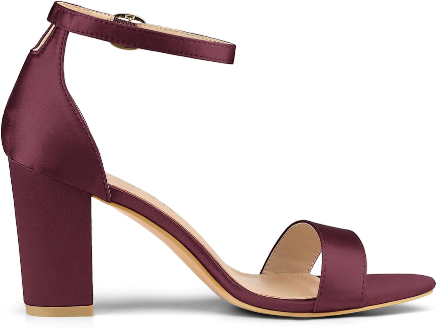 imageAllegra K Womens Satin Open Toe Ankle Strap Chunky Heels SandalsBurgundy