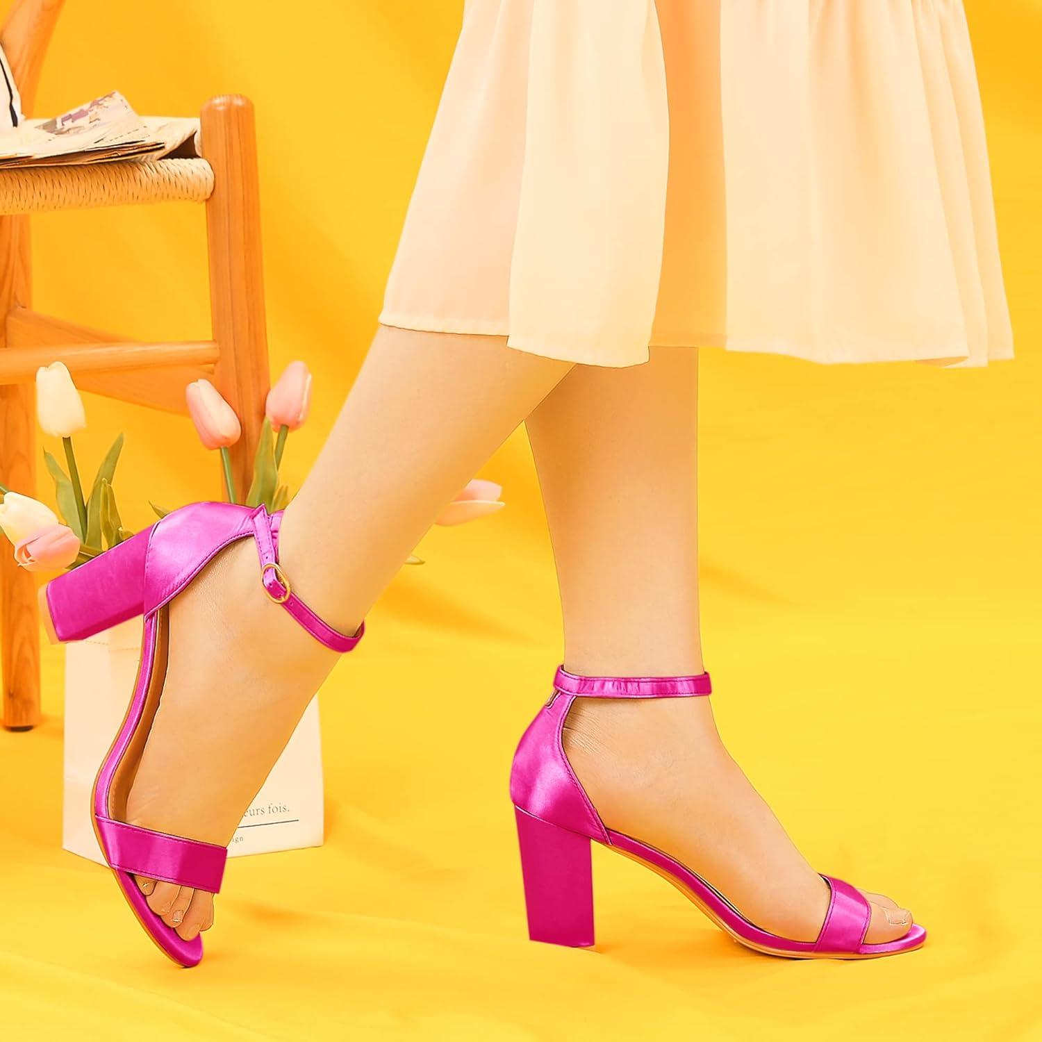 imageAllegra K Womens Satin Open Toe Ankle Strap Chunky Heels SandalsFuchsia