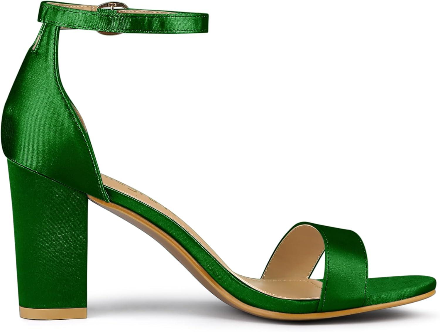 imageAllegra K Womens Satin Open Toe Ankle Strap Chunky Heels SandalsGreen