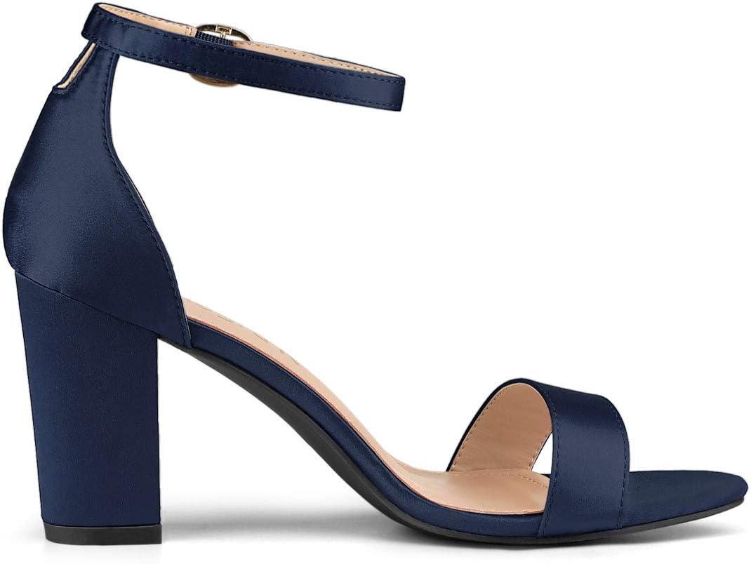 imageAllegra K Womens Satin Open Toe Ankle Strap Chunky Heels SandalsNavy Blue
