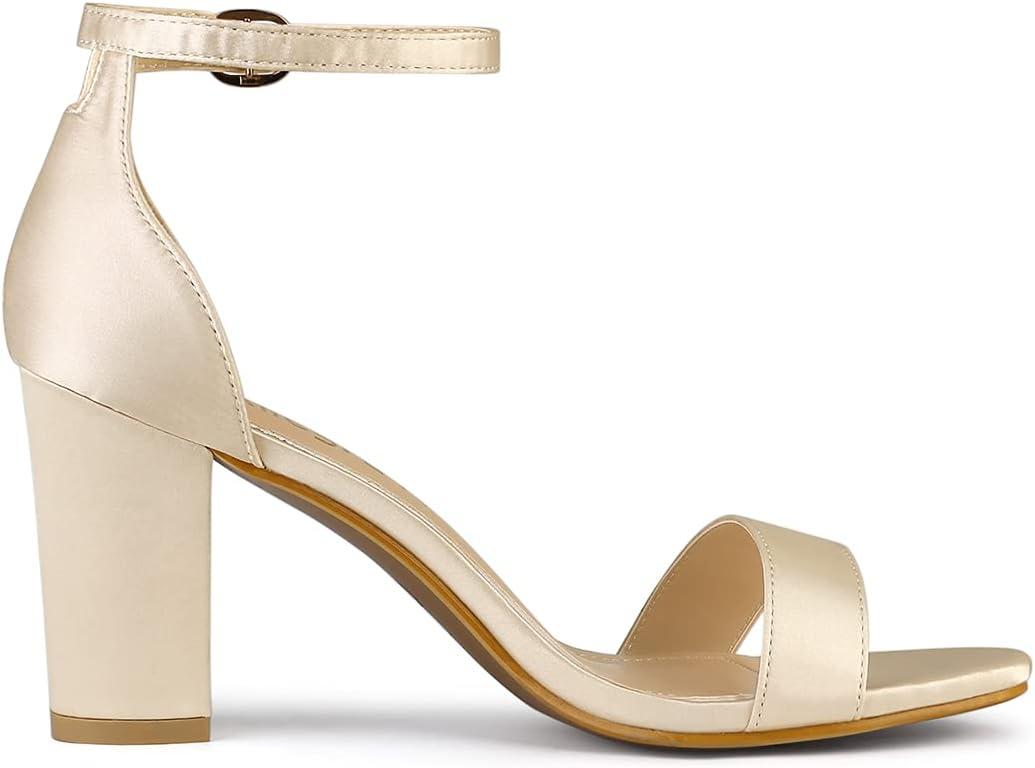 imageAllegra K Womens Satin Open Toe Ankle Strap Chunky Heels SandalsNude