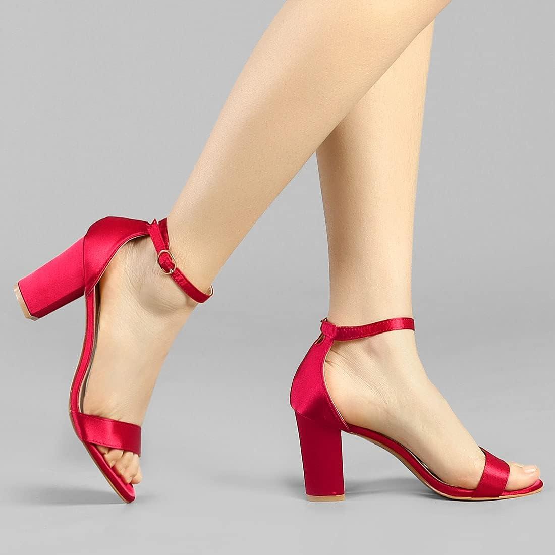 imageAllegra K Womens Satin Open Toe Ankle Strap Chunky Heels SandalsRed