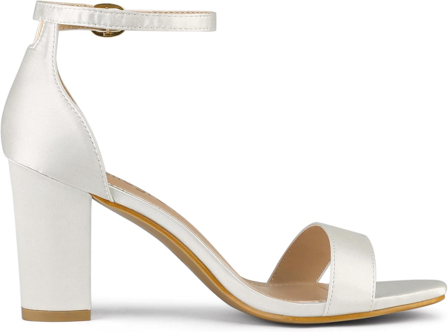 imageAllegra K Womens Satin Open Toe Ankle Strap Chunky Heels SandalsWhite