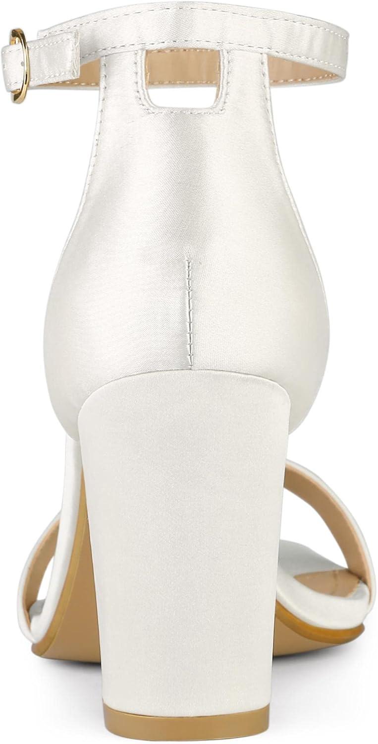imageAllegra K Womens Satin Open Toe Ankle Strap Chunky Heels SandalsWhite