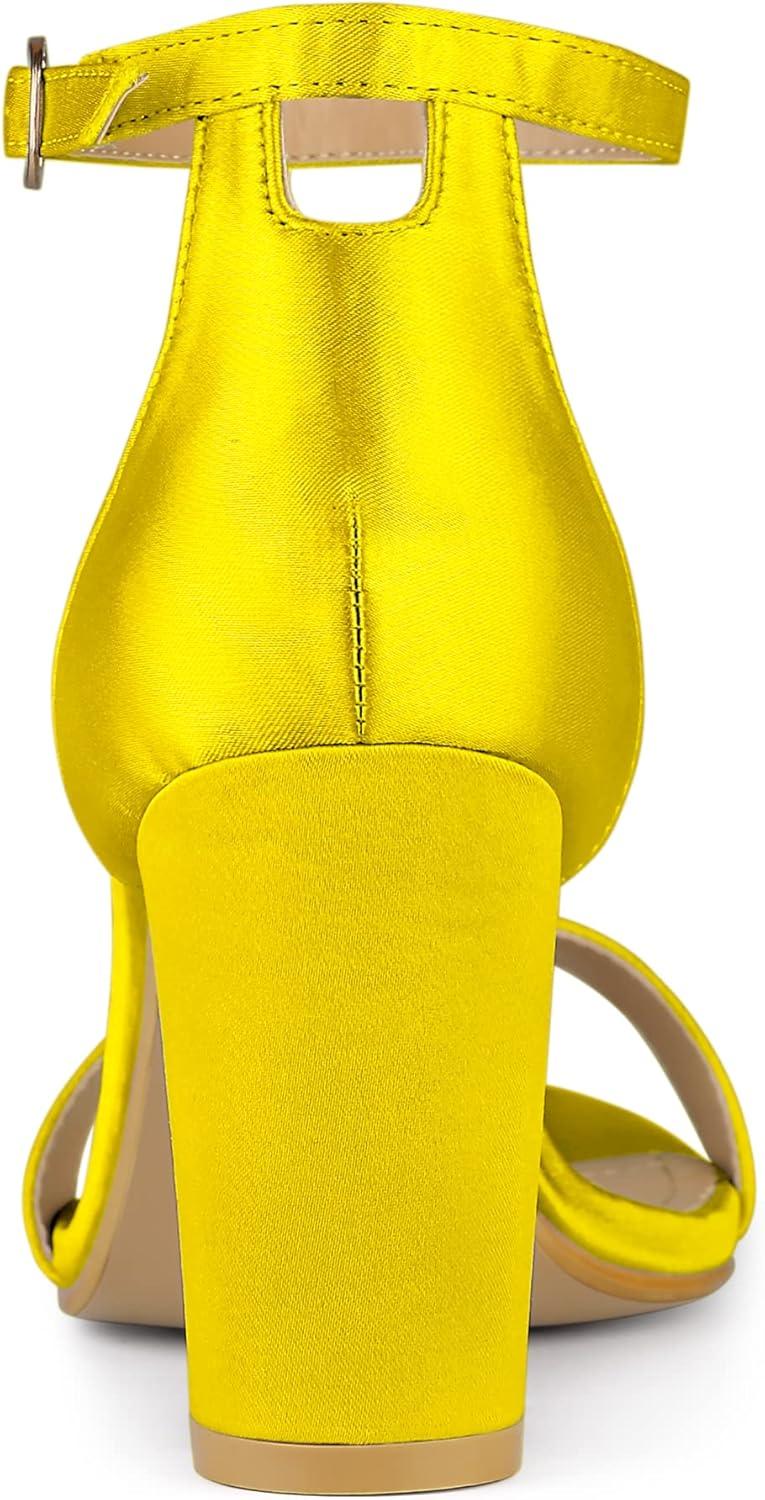 imageAllegra K Womens Satin Open Toe Ankle Strap Chunky Heels SandalsYellow
