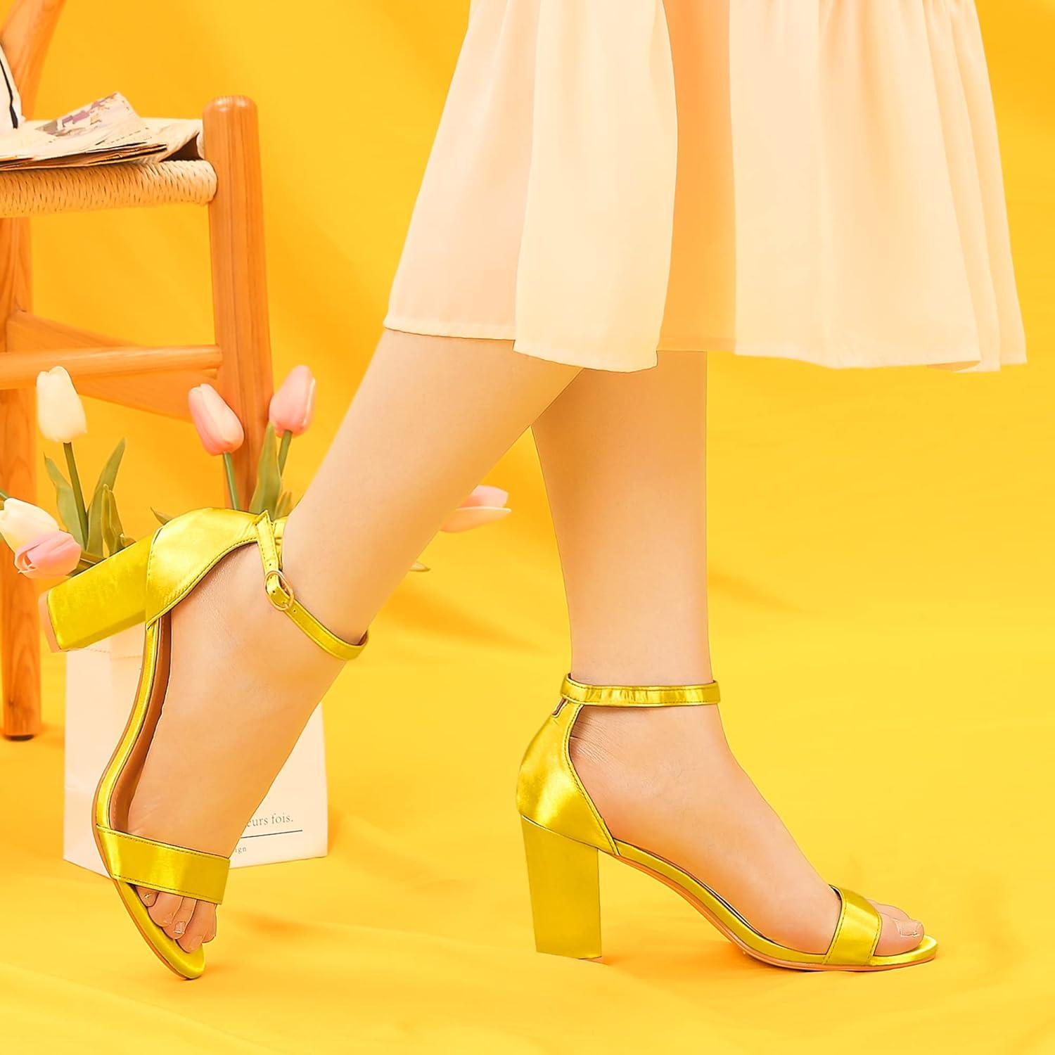 imageAllegra K Womens Satin Open Toe Ankle Strap Chunky Heels SandalsYellow