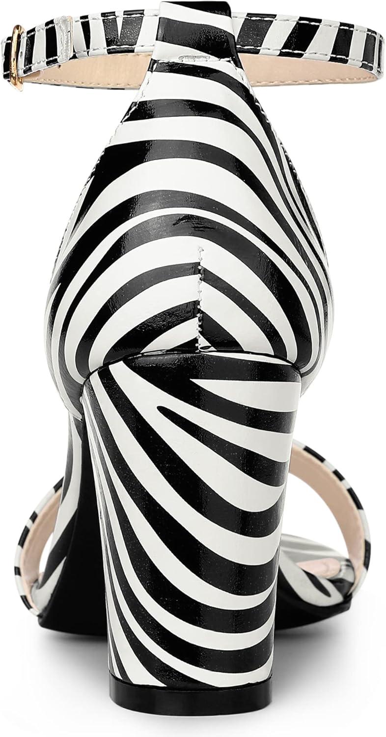 imageAllegra K Womens Snakeskin Heels Chunky Heels Ankle Strap SandalsBlack White