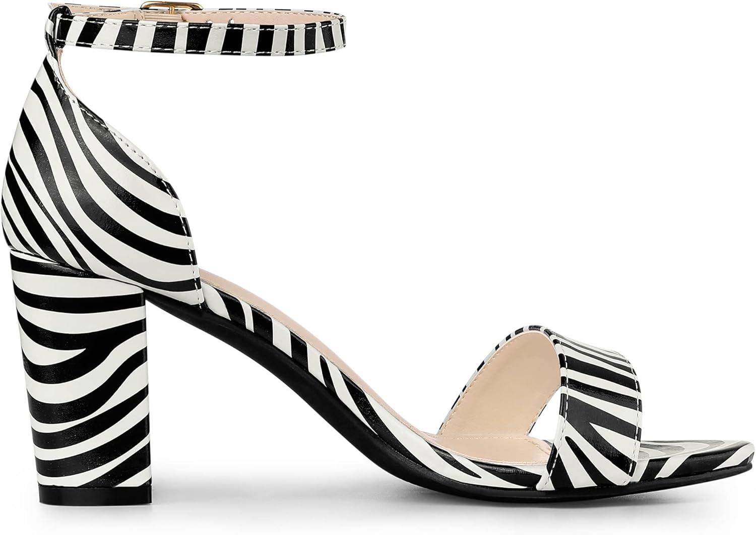 imageAllegra K Womens Snakeskin Heels Chunky Heels Ankle Strap SandalsBlack White