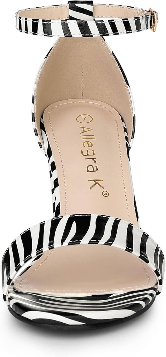 imageAllegra K Womens Snakeskin Heels Chunky Heels Ankle Strap SandalsBlack White