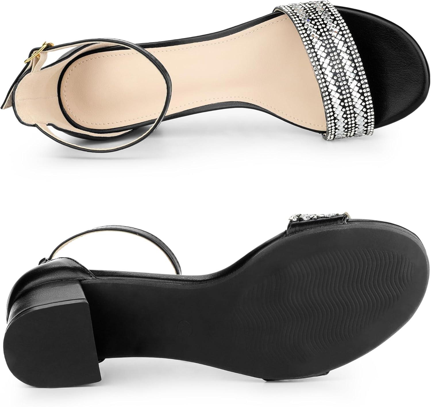 imageAllegra K Womens Sparkly Rhinestone Ankle Strap Chunky Heel SandalsBlack