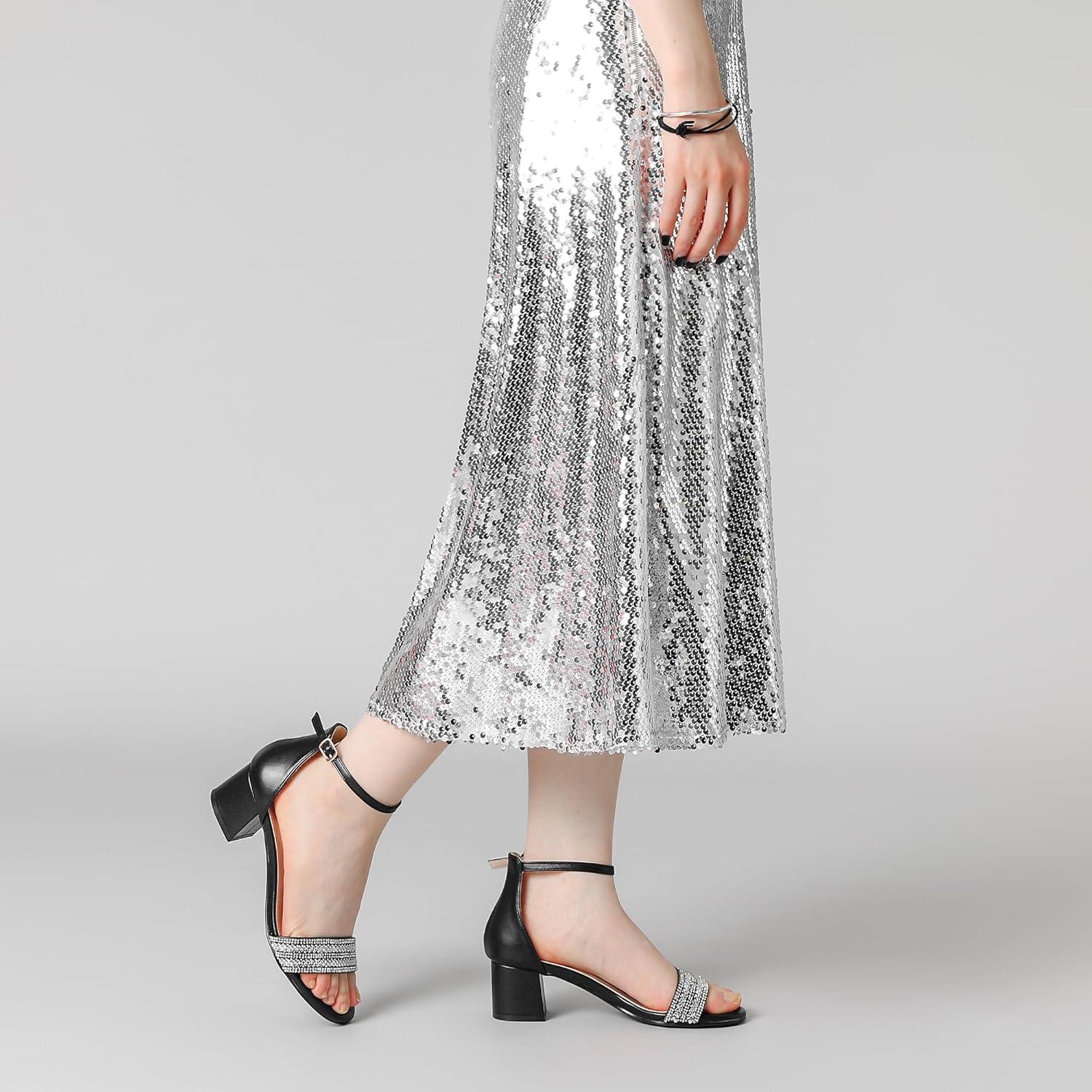 imageAllegra K Womens Sparkly Rhinestone Ankle Strap Chunky Heel SandalsBlack