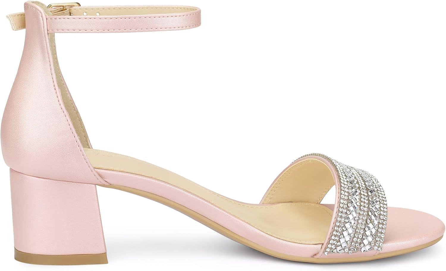 imageAllegra K Womens Sparkly Rhinestone Ankle Strap Chunky Heel SandalsPink
