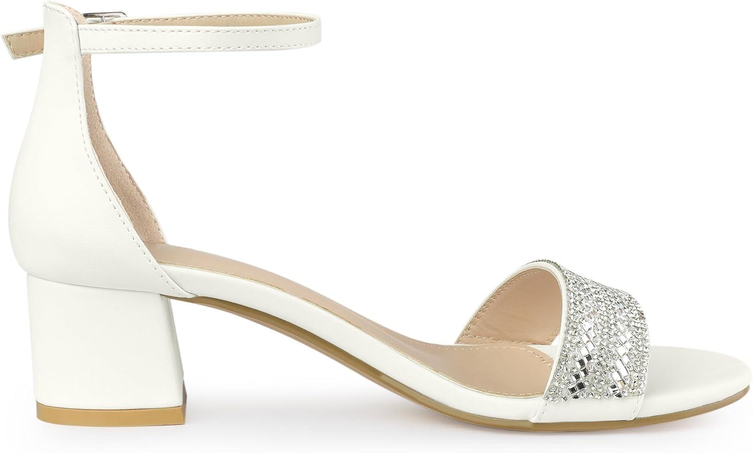 imageAllegra K Womens Sparkly Rhinestone Ankle Strap Chunky Heel SandalsWhite