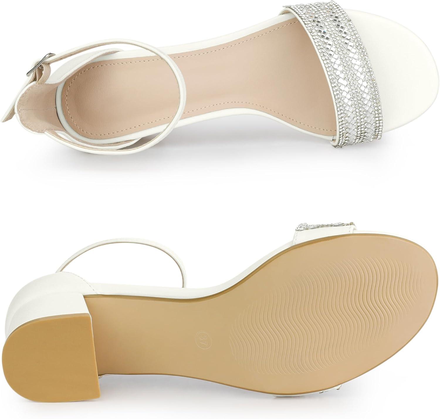 imageAllegra K Womens Sparkly Rhinestone Ankle Strap Chunky Heel SandalsWhite
