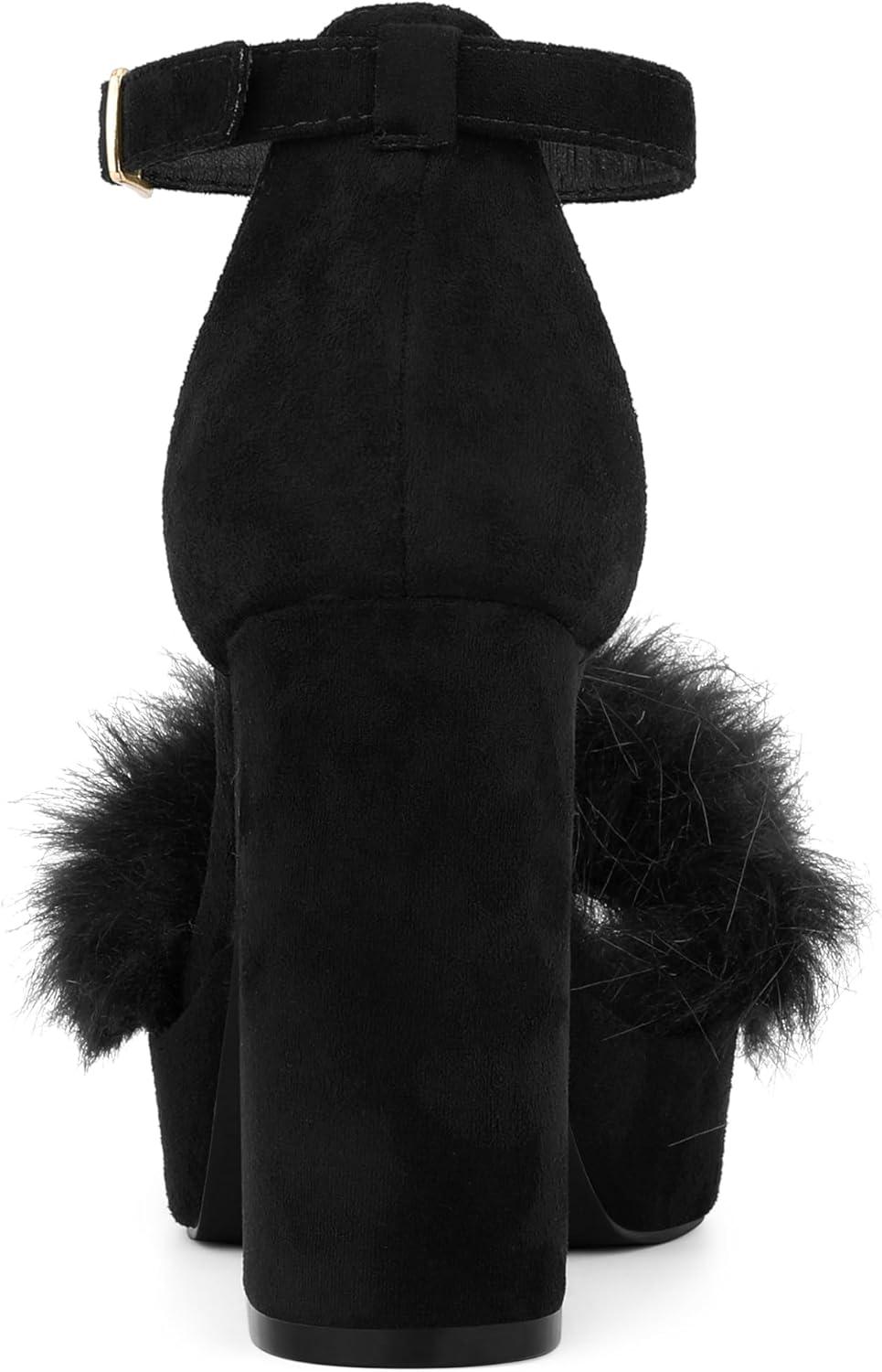 imageAllegra K Womens Square Toe Faux Fur Platform Chunky Heels SandalsBlack