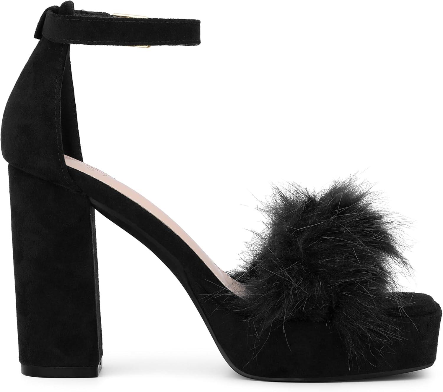 imageAllegra K Womens Square Toe Faux Fur Platform Chunky Heels SandalsBlack