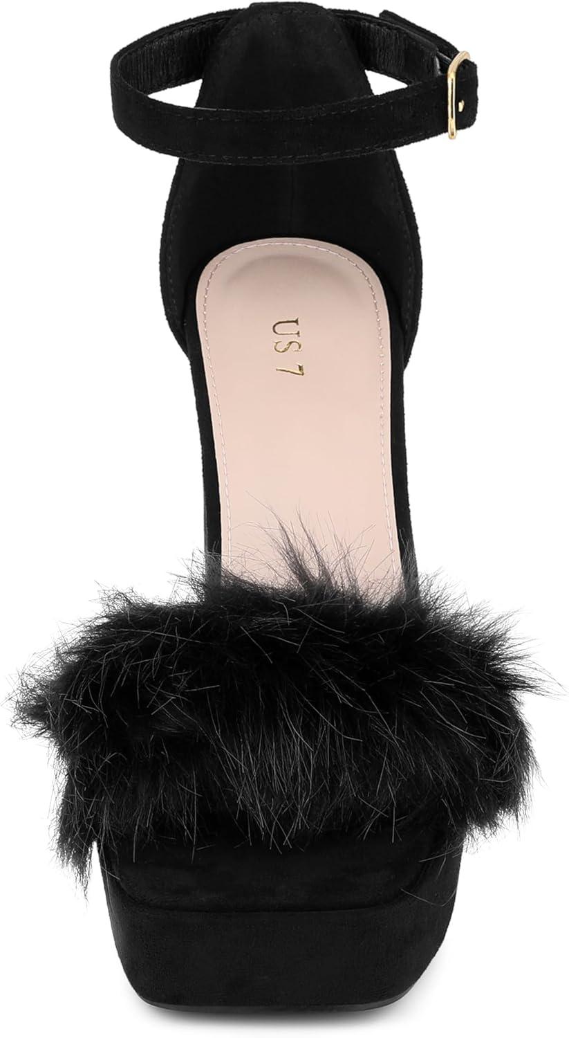 imageAllegra K Womens Square Toe Faux Fur Platform Chunky Heels SandalsBlack
