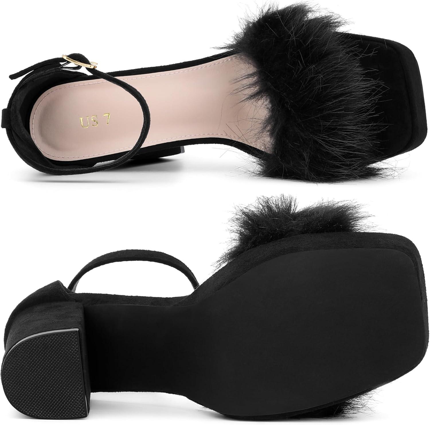imageAllegra K Womens Square Toe Faux Fur Platform Chunky Heels SandalsBlack