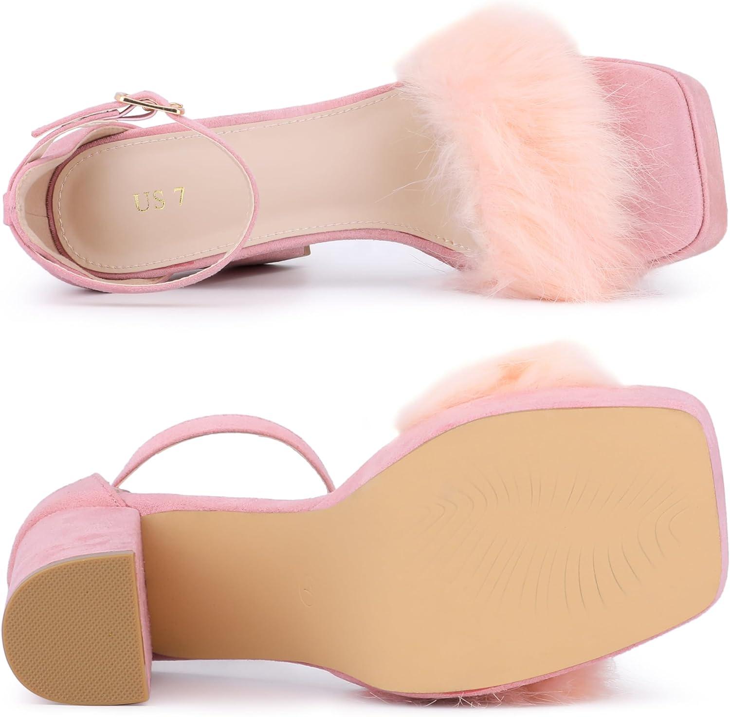 imageAllegra K Womens Square Toe Faux Fur Platform Chunky Heels SandalsPink