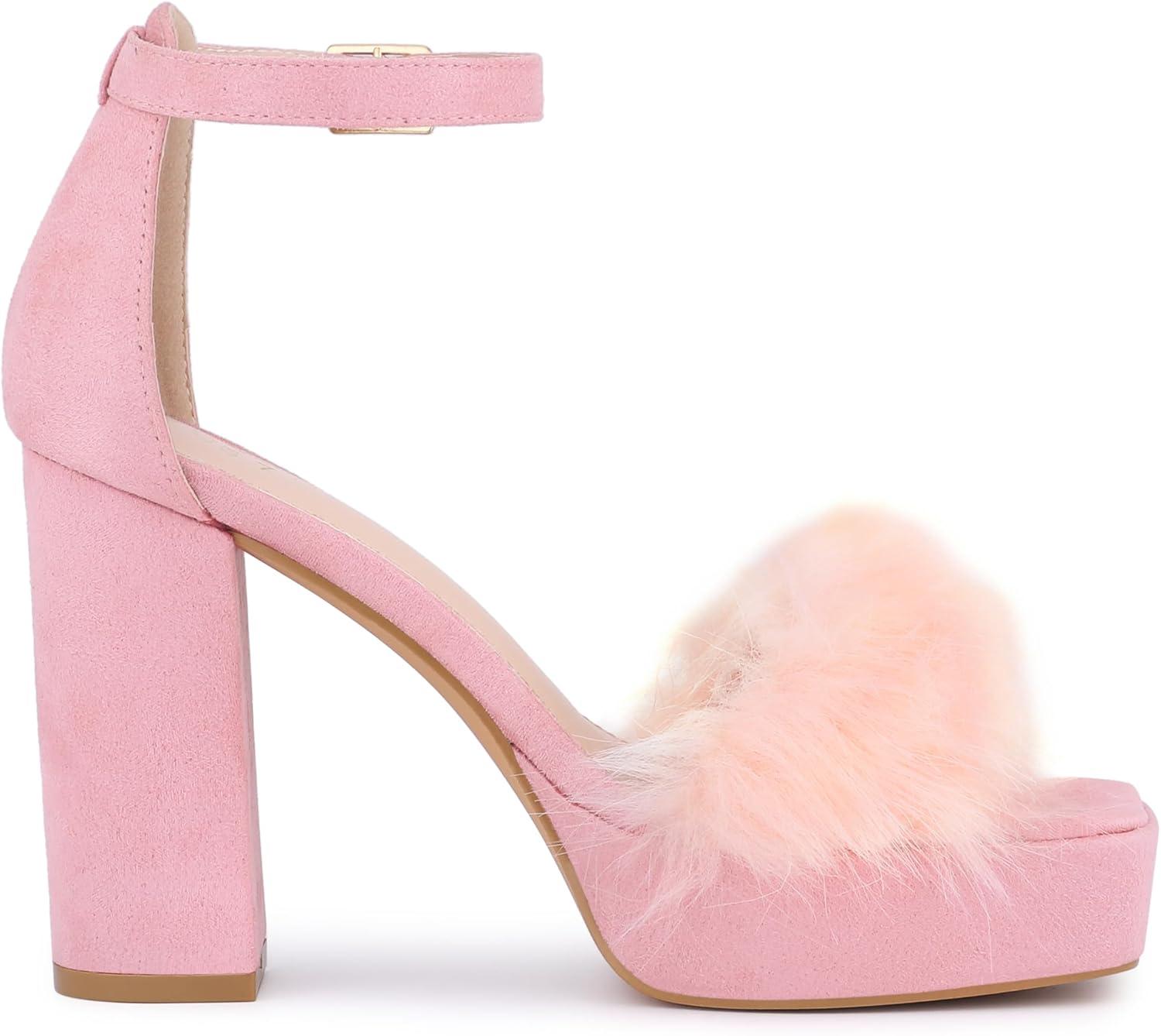 imageAllegra K Womens Square Toe Faux Fur Platform Chunky Heels SandalsPink