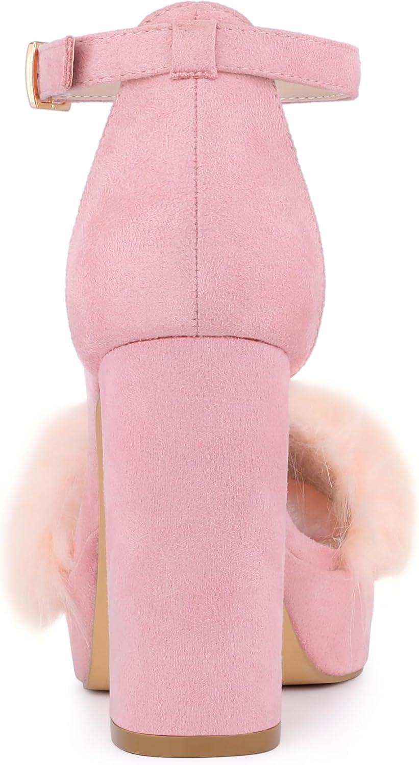 imageAllegra K Womens Square Toe Faux Fur Platform Chunky Heels SandalsPink
