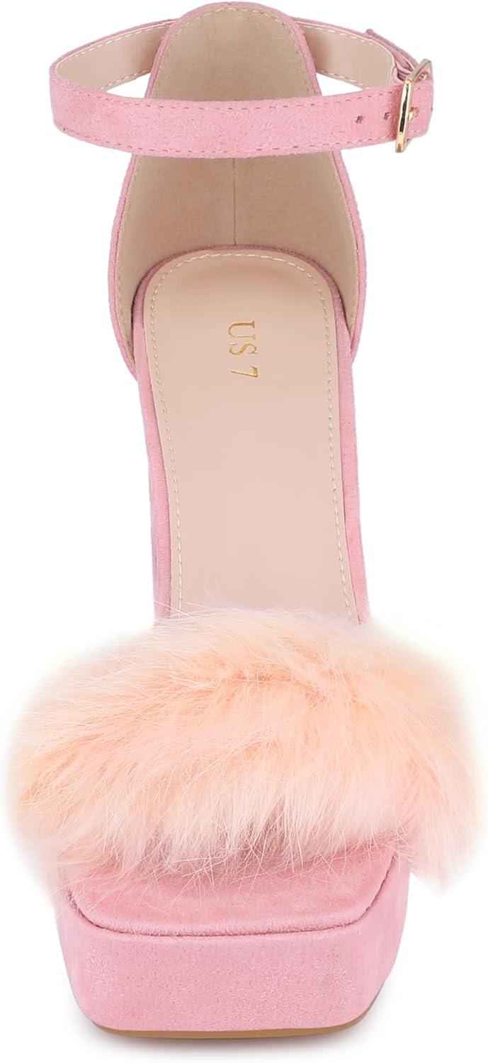 imageAllegra K Womens Square Toe Faux Fur Platform Chunky Heels SandalsPink